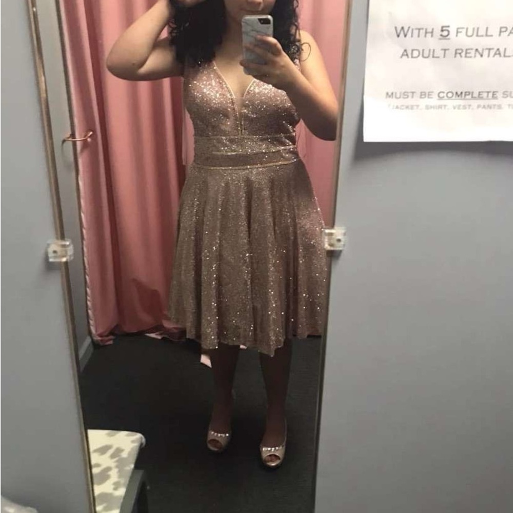 Gold Ruched Sequin Mini Dress with Plunge Neckline